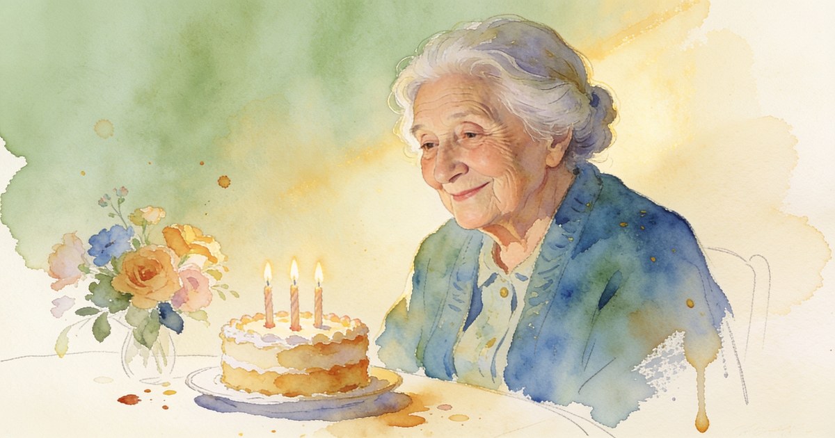 Watercolour illustration of a grandmother smiling beside a birthday cake