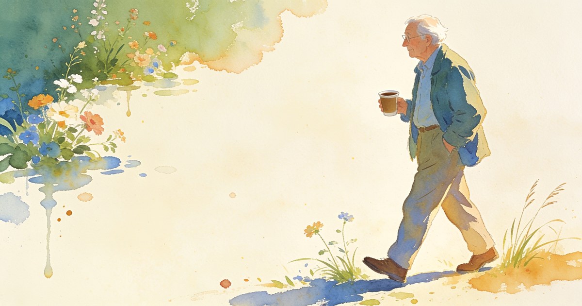 Watercolour illustration of an older person walking happily with a coffee
