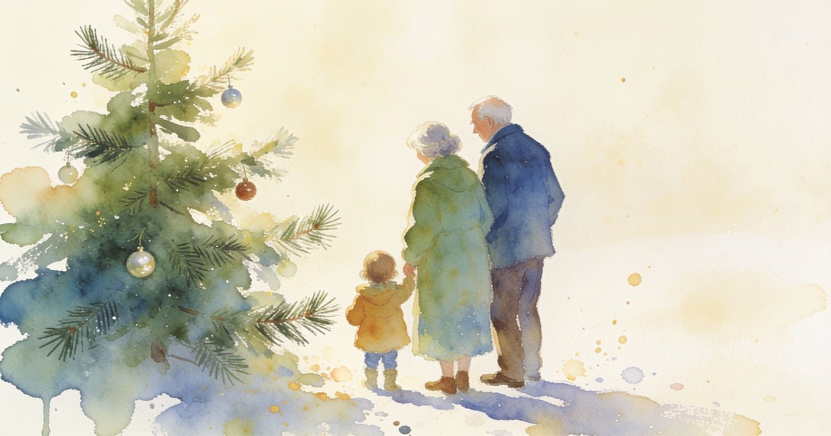 Aquarell-Illustration von Großeltern und Enkelkind am Weihnachtsbaum