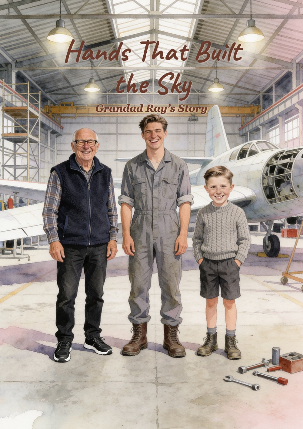 Front cover of the sample book, three generations in an aircraft hangar