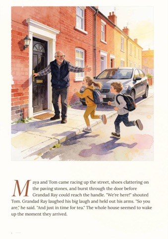 Sample page: two grandchildren racing up the garden path to their grandfather