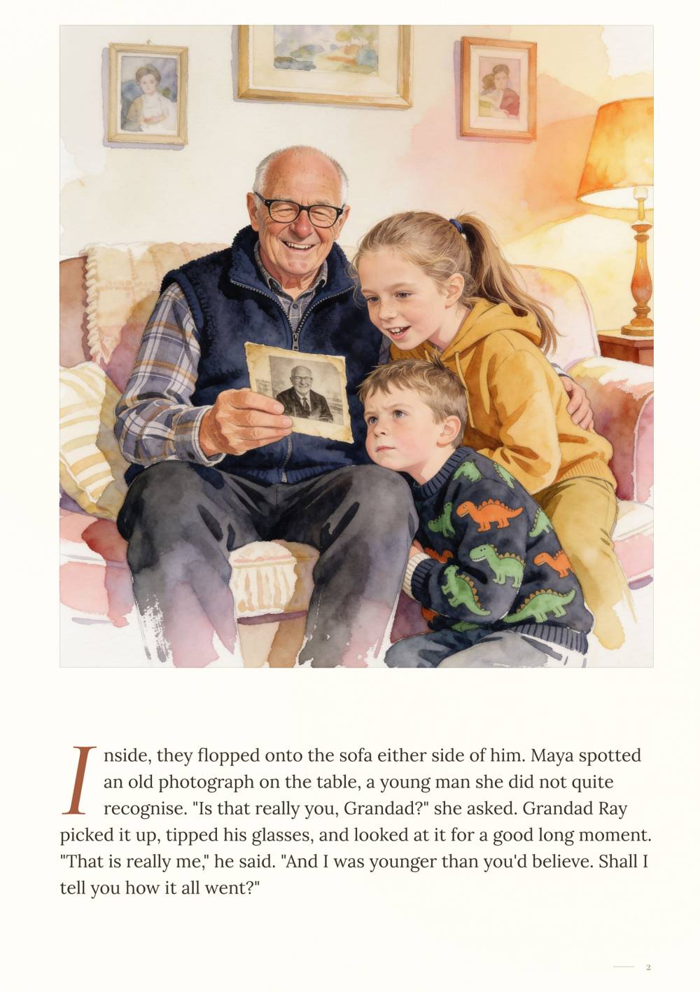 Sample page: grandfather and grandchildren looking at an old photograph