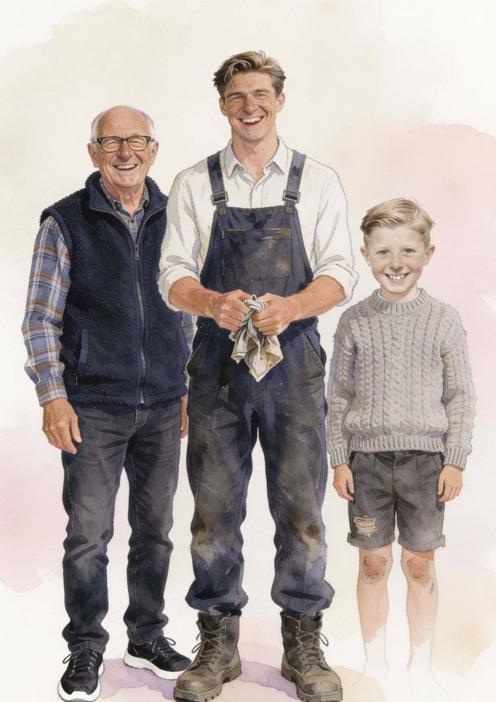 Full-page illustration: three generations together in an aircraft hangar