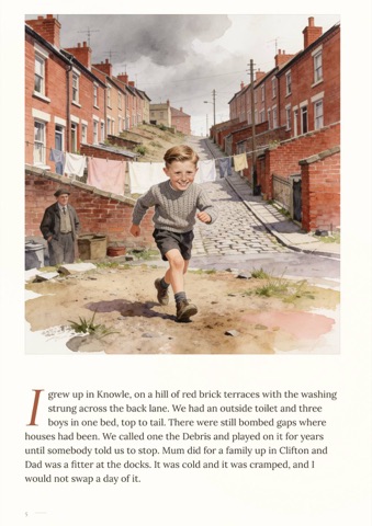 Sample page: a boy running up a street of red brick terraced houses