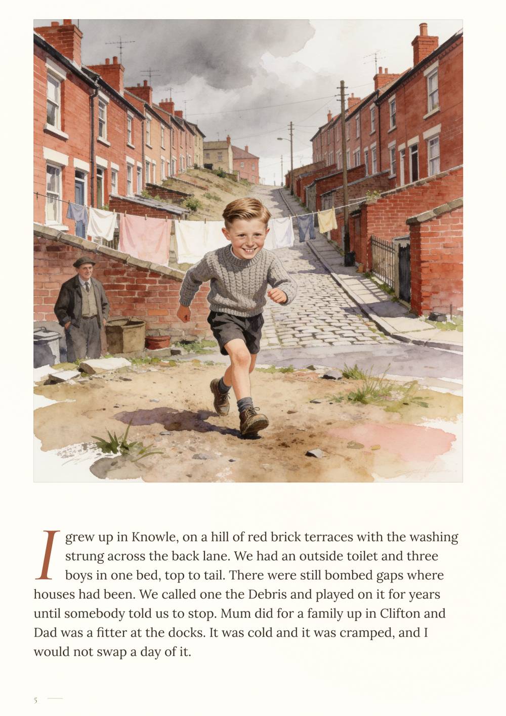 Sample page: a boy running up a street of red brick terraced houses
