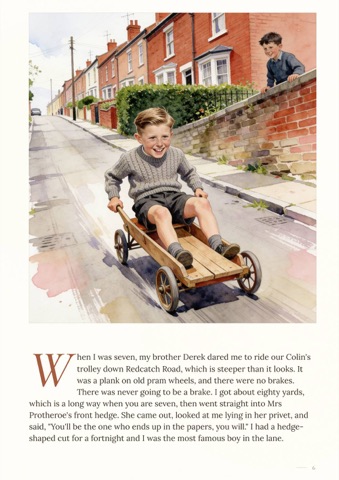 Sample page: a boy riding a homemade wooden trolley down a hill