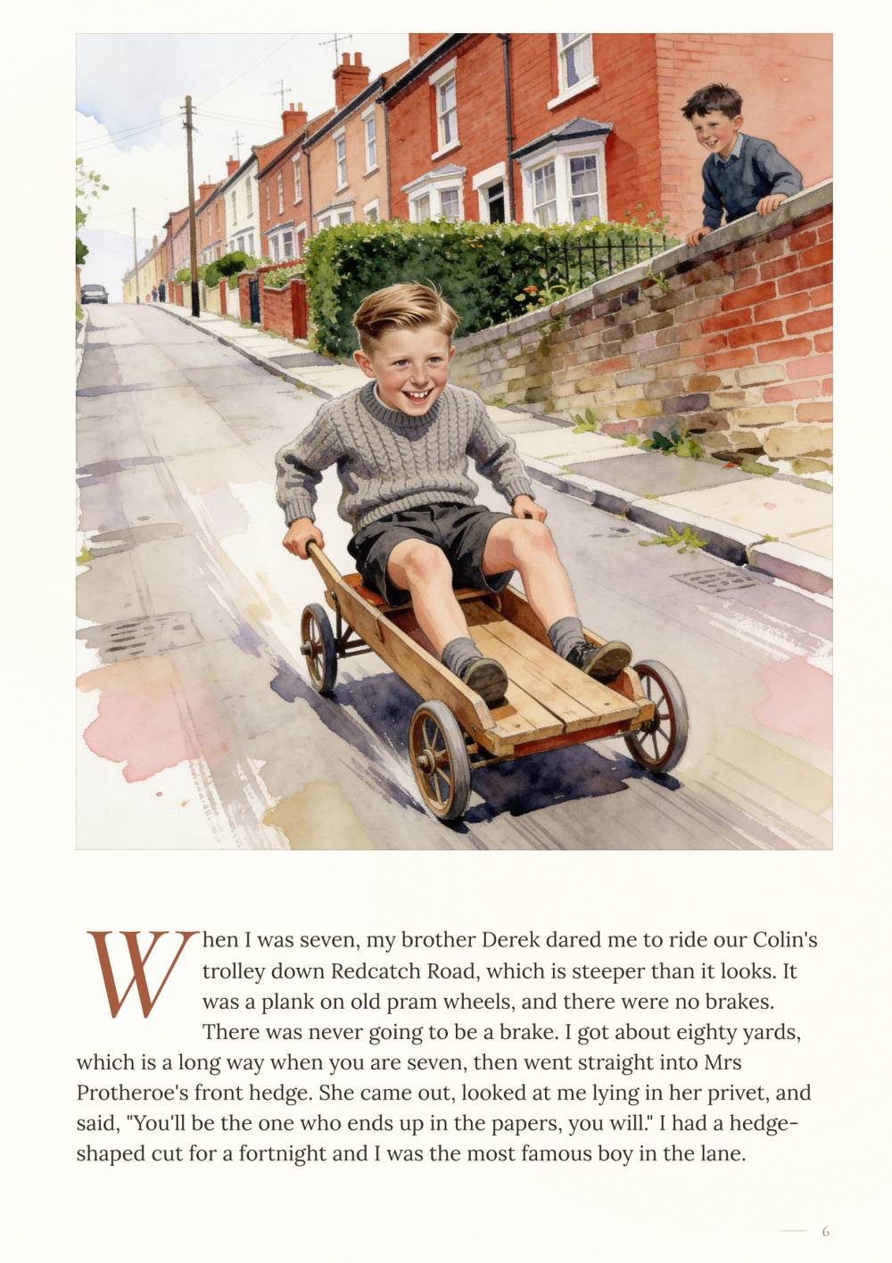 Sample page: a boy riding a homemade wooden trolley down a hill