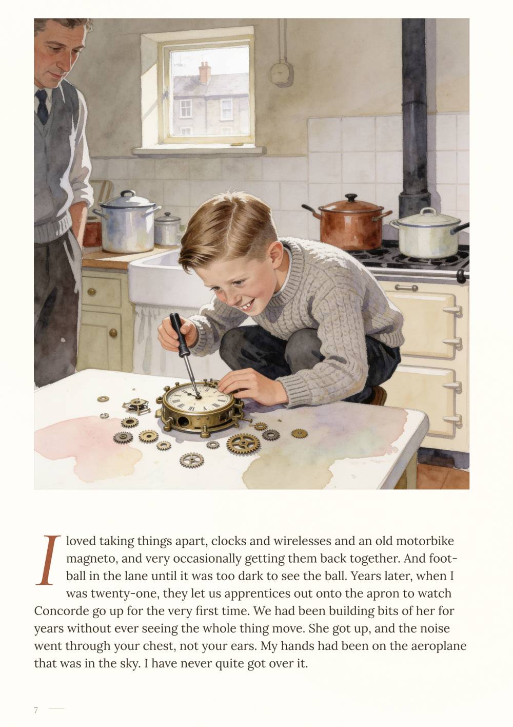 Sample page: a boy taking a clock apart at the kitchen table