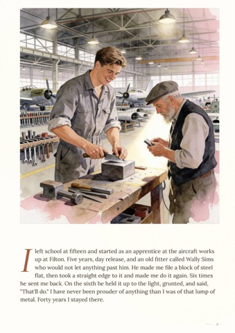 Sample page: a young apprentice filing steel at a workbench