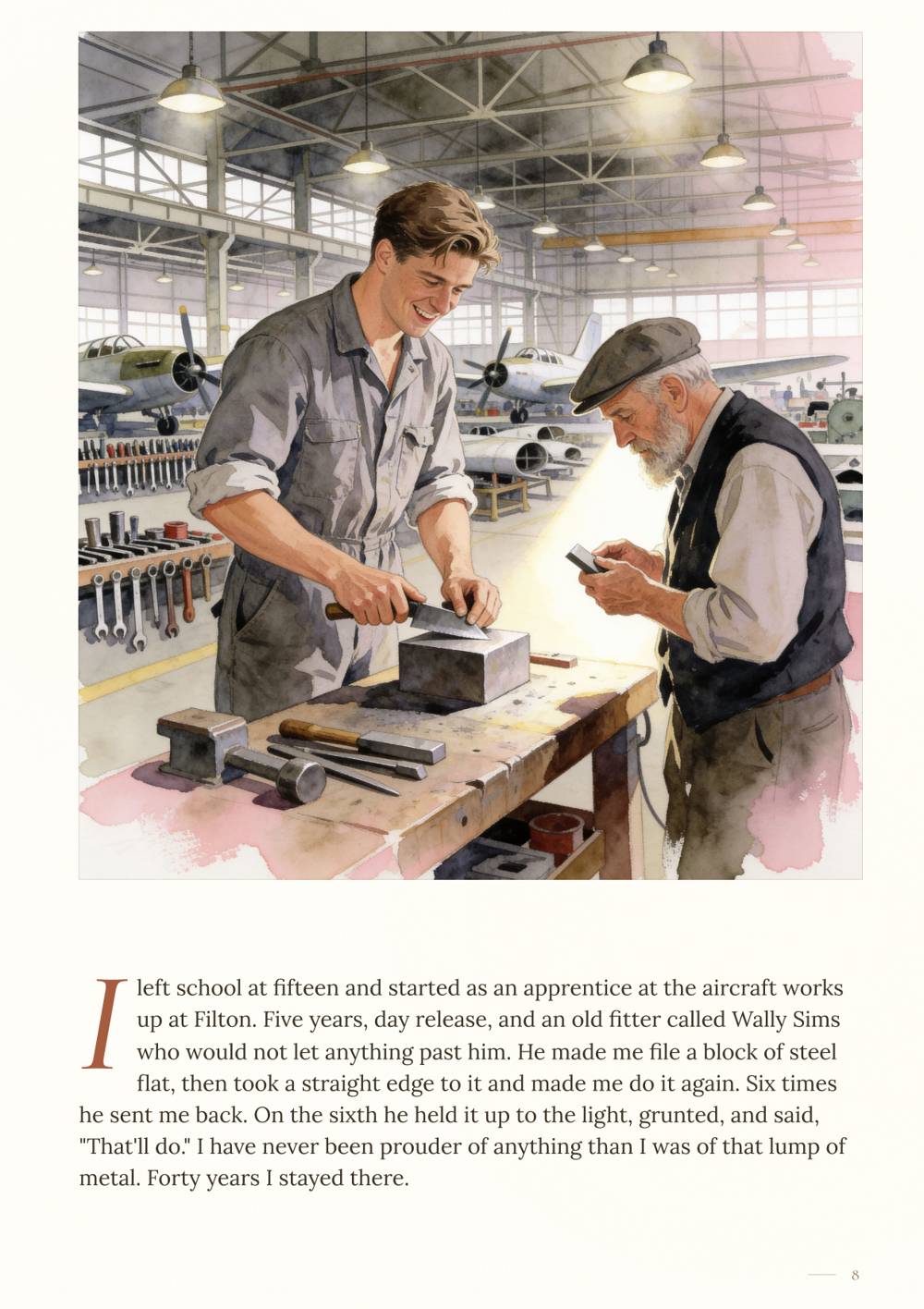 Sample page: a young apprentice filing steel at a workbench