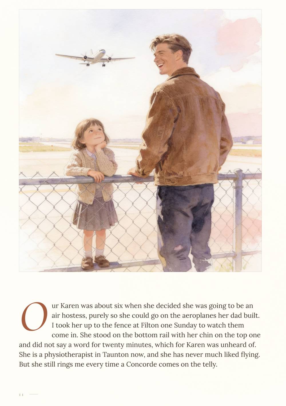 Sample page: a little girl watching aeroplanes through the airfield fence