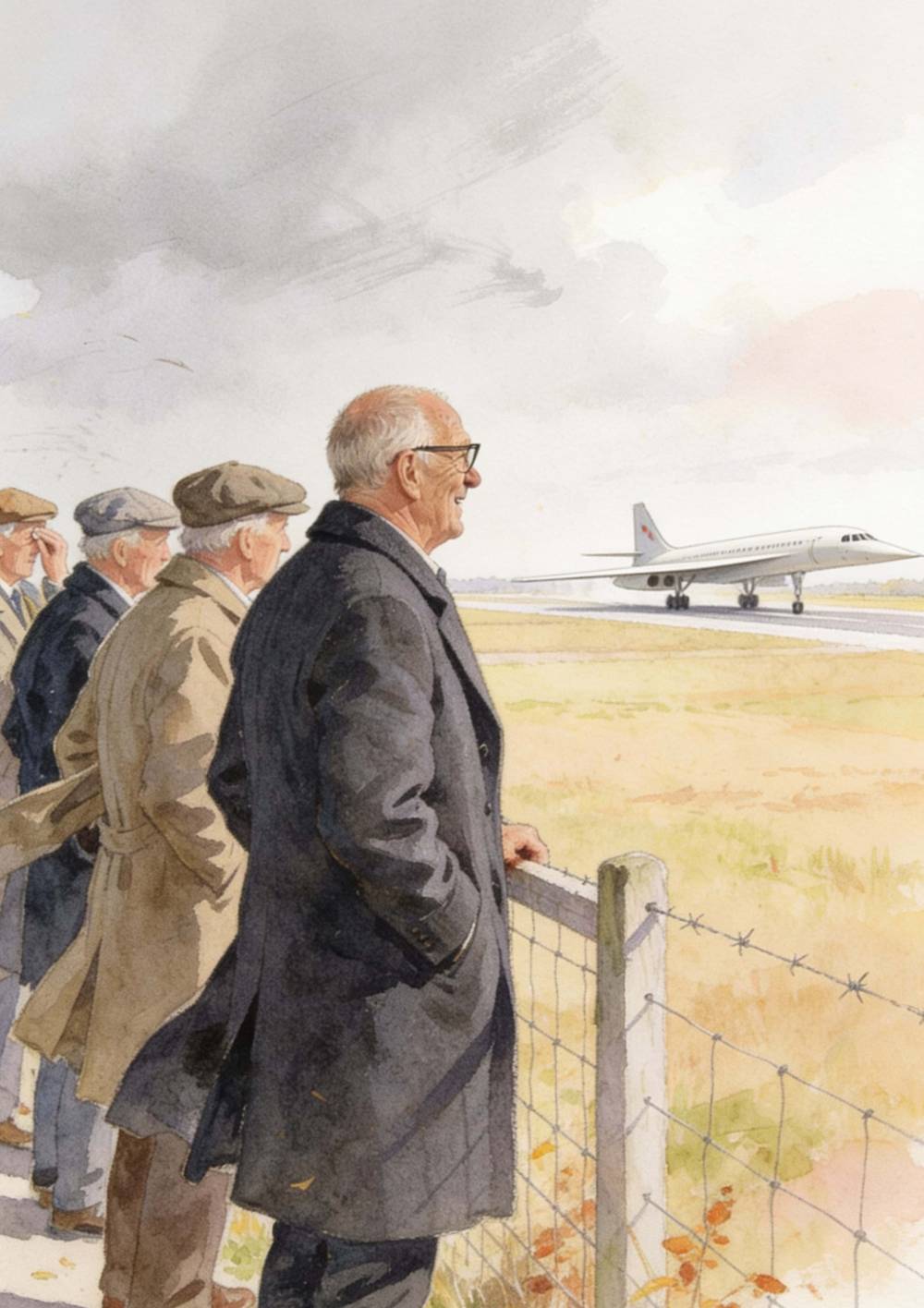 Full-page illustration: old workmates watching an aircraft come home