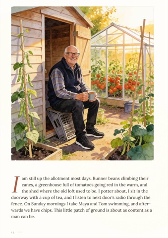Sample page: at the allotment shed with a mug of tea