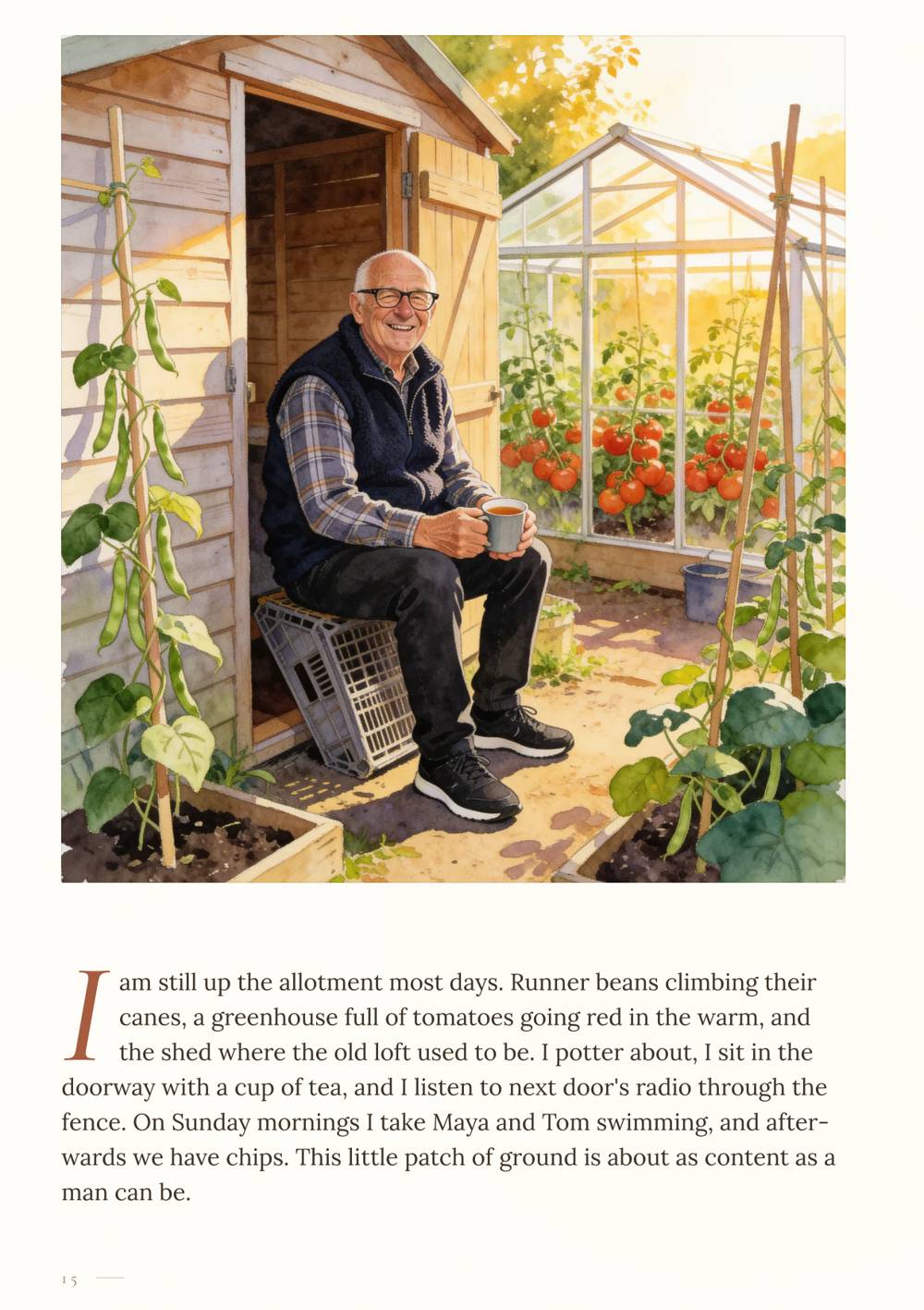 Sample page: a grandfather outside his allotment shed and greenhouse