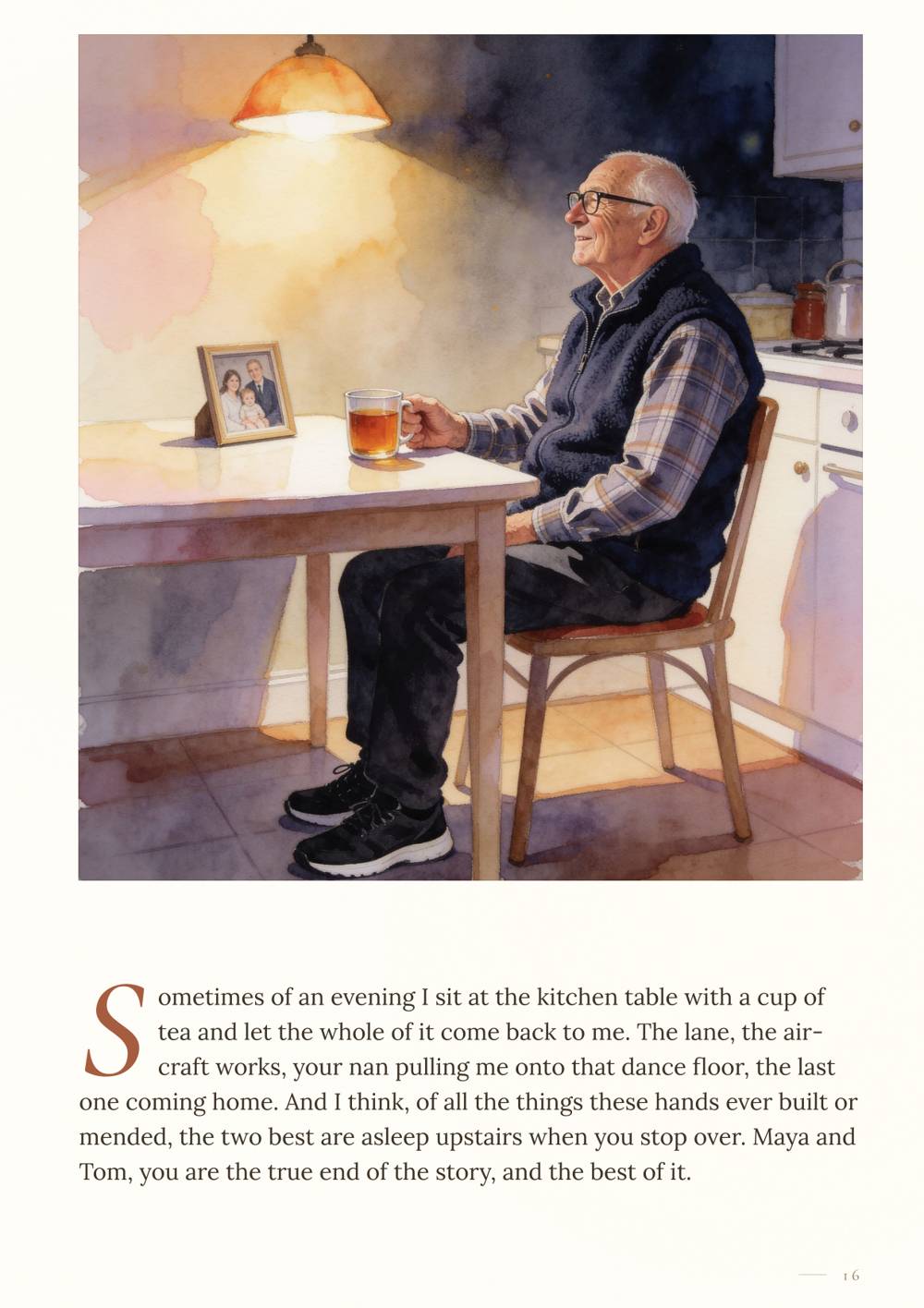 Sample page: a grandfather with a cup of tea at the kitchen table