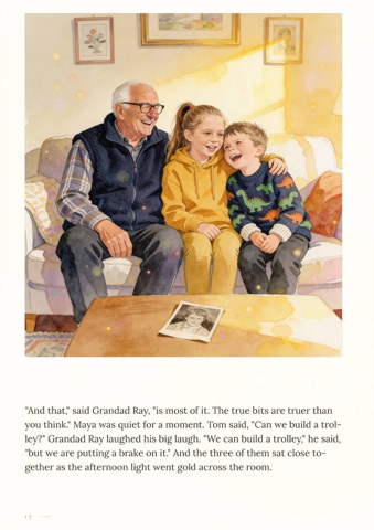 Sample page: grandad on the sofa with his two grandchildren