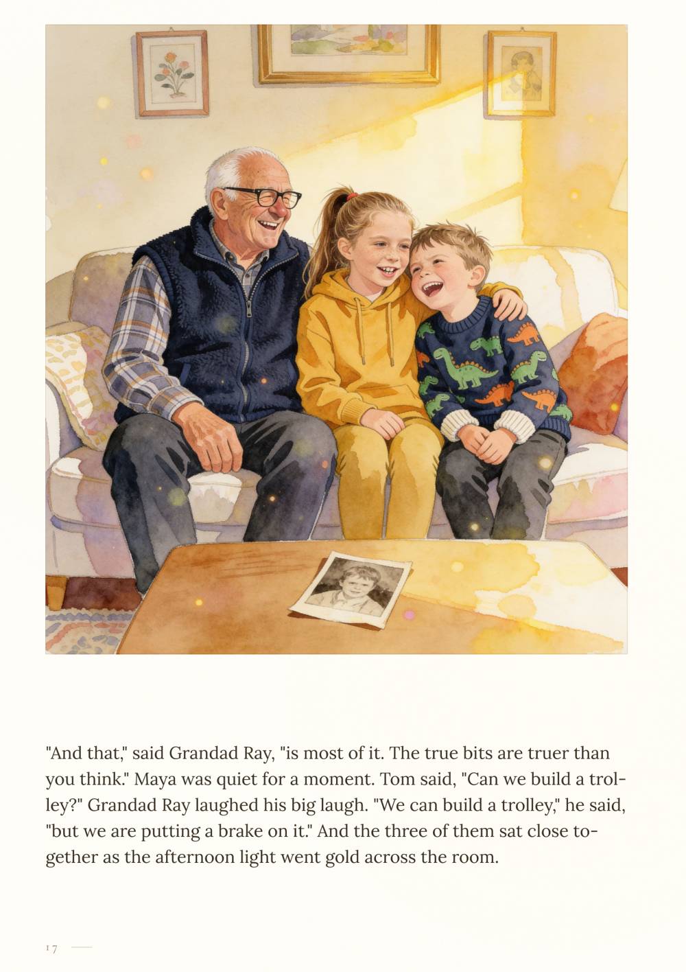 Sample page: a grandfather laughing on the sofa with his grandchildren