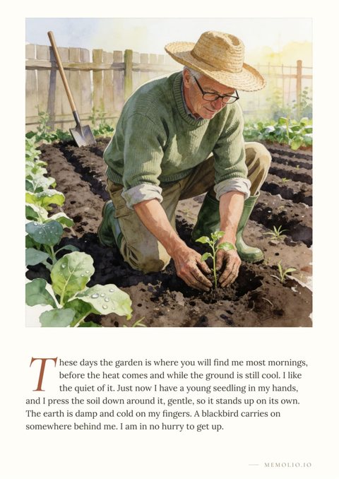 Example sample page painted from that photo: him planting a seedling in his garden, with a paragraph of story