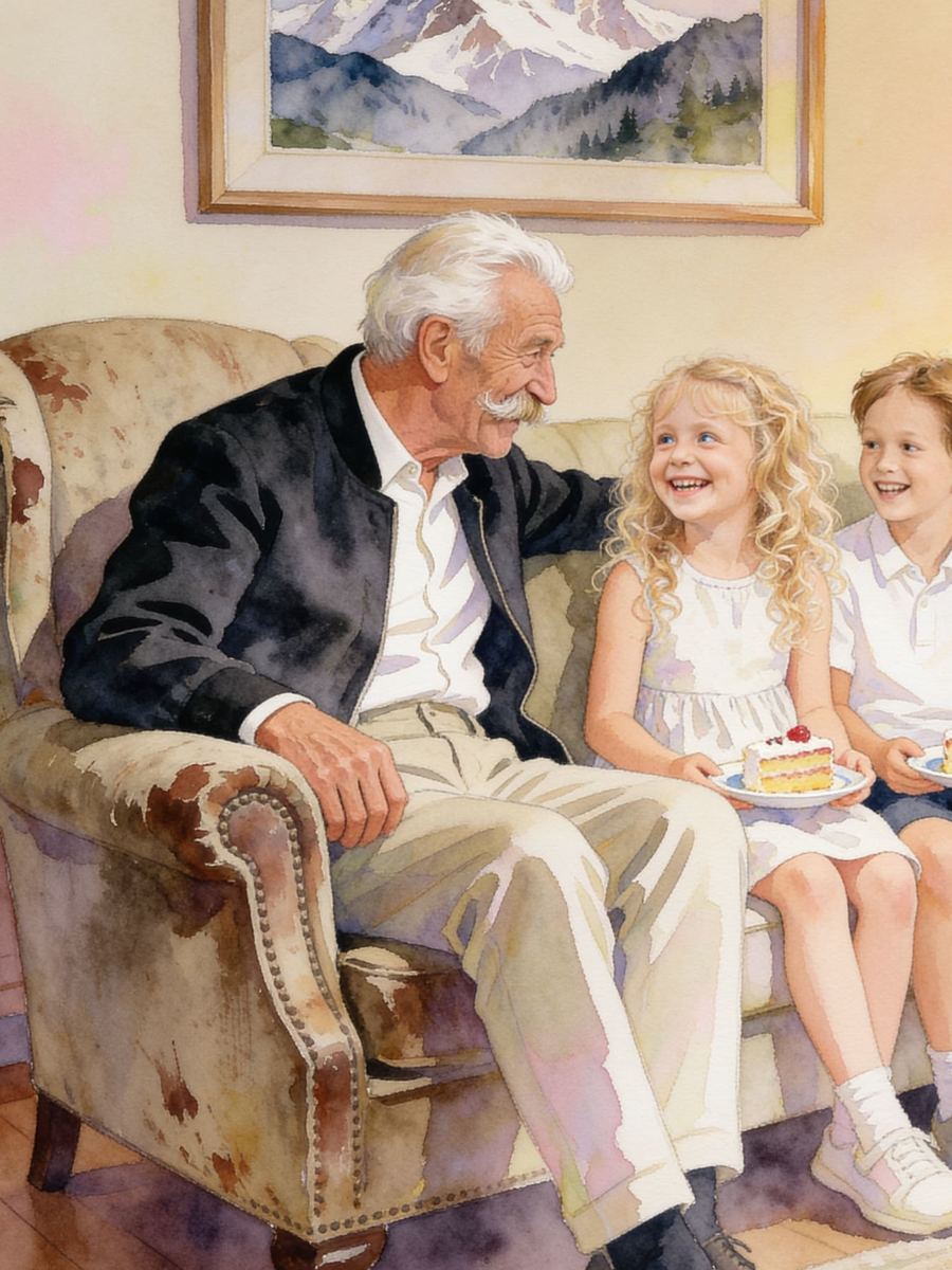 Derselbe Großvater als Aquarell-Buchillustration, beim Geschichtenerzählen mit seinen Enkelkindern