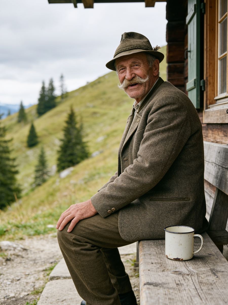 Ein Foto des Großvaters vor der Berghütte