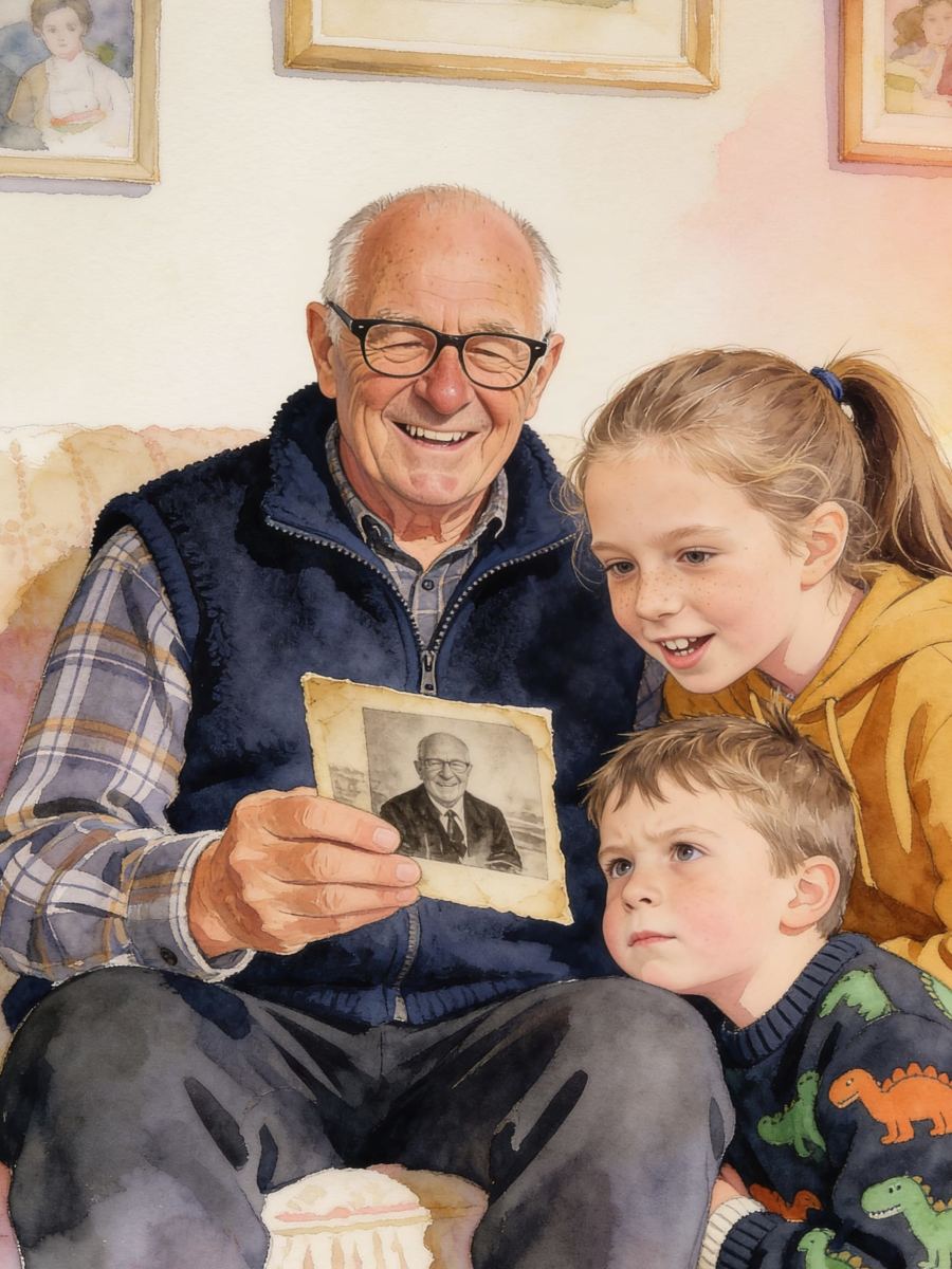 The same grandfather painted as a watercolour book illustration, sharing an old photograph with his grandchildren