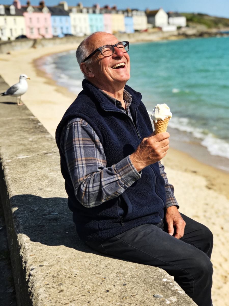 A photograph of a grandfather on a seaside wall
