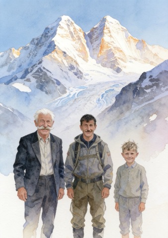 Ganzseitige Illustration: drei Generationen am See
