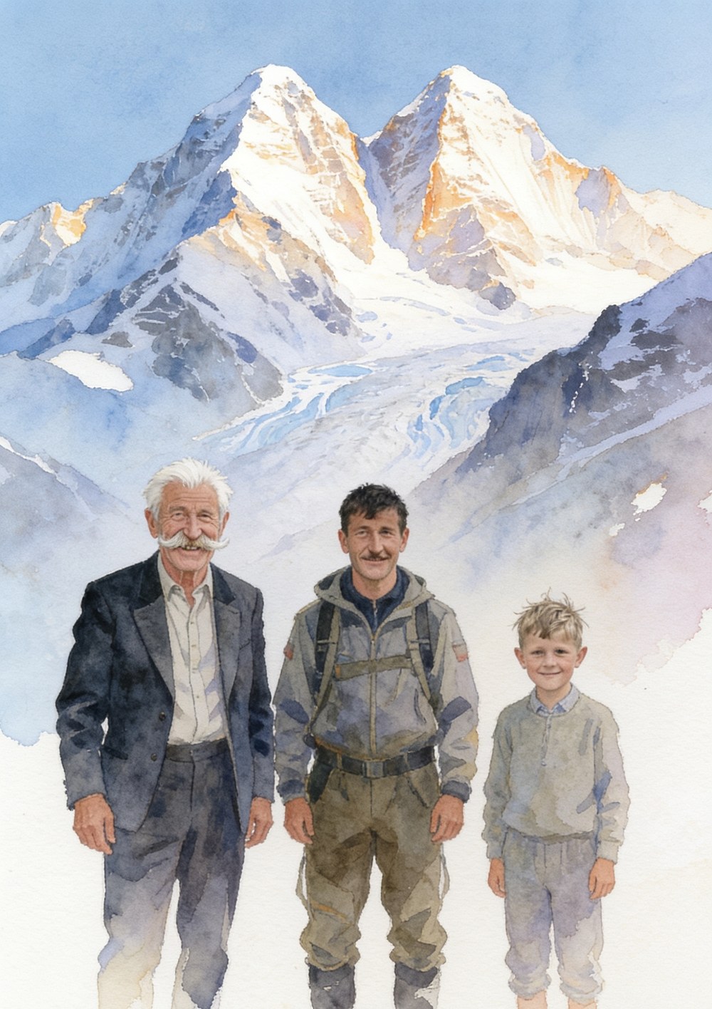 Ganzseitige Illustration: drei Generationen am See