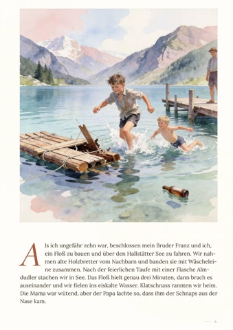Beispielseite: zwei Buben und ihr selbstgebautes Floß