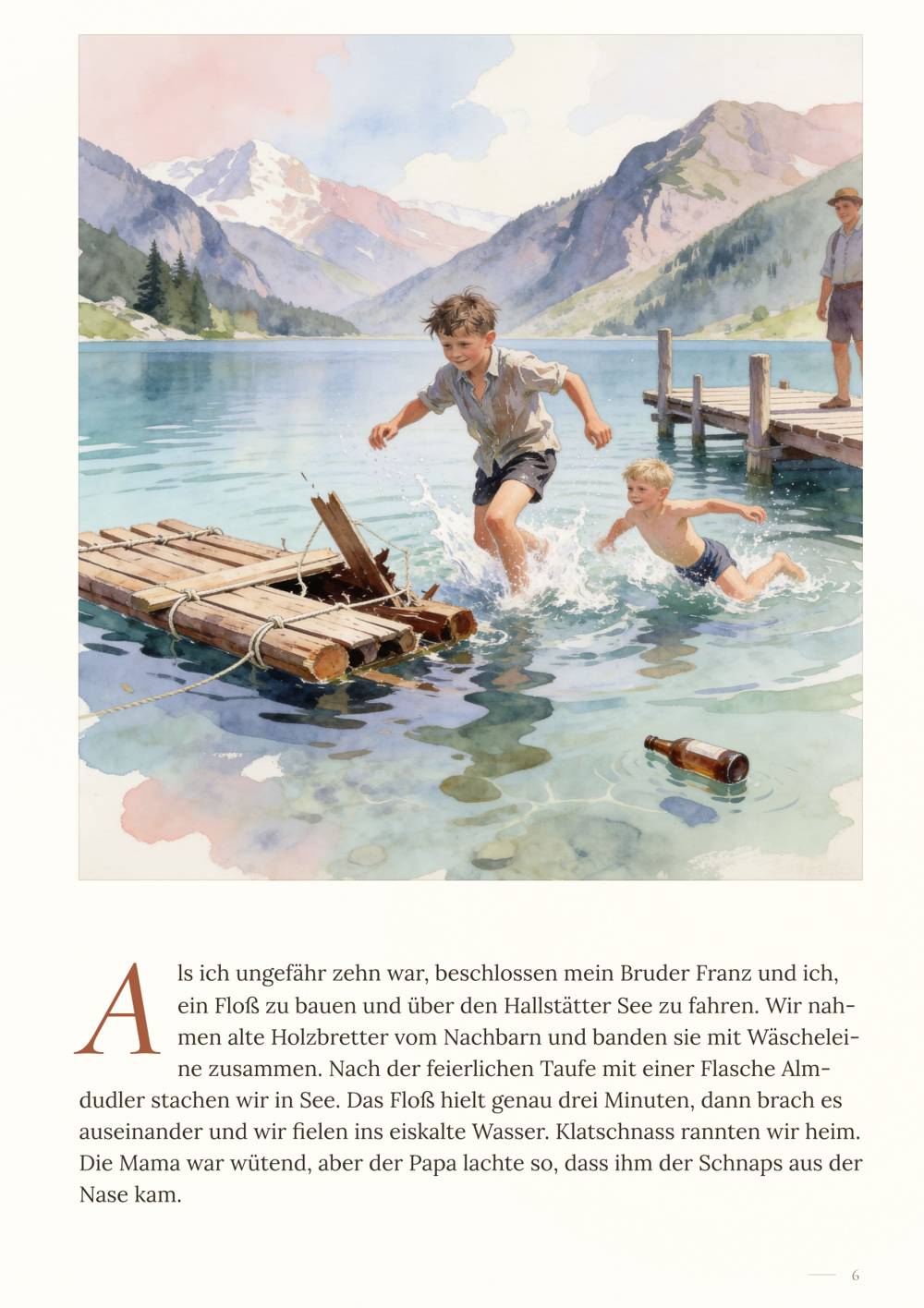Beispielseite: zwei Buben und ihr selbstgebautes Floß