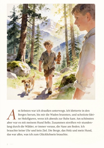 Beispielseite: als Bub mit dem Hund im Wald, mit einer geschnitzten Holzfigur