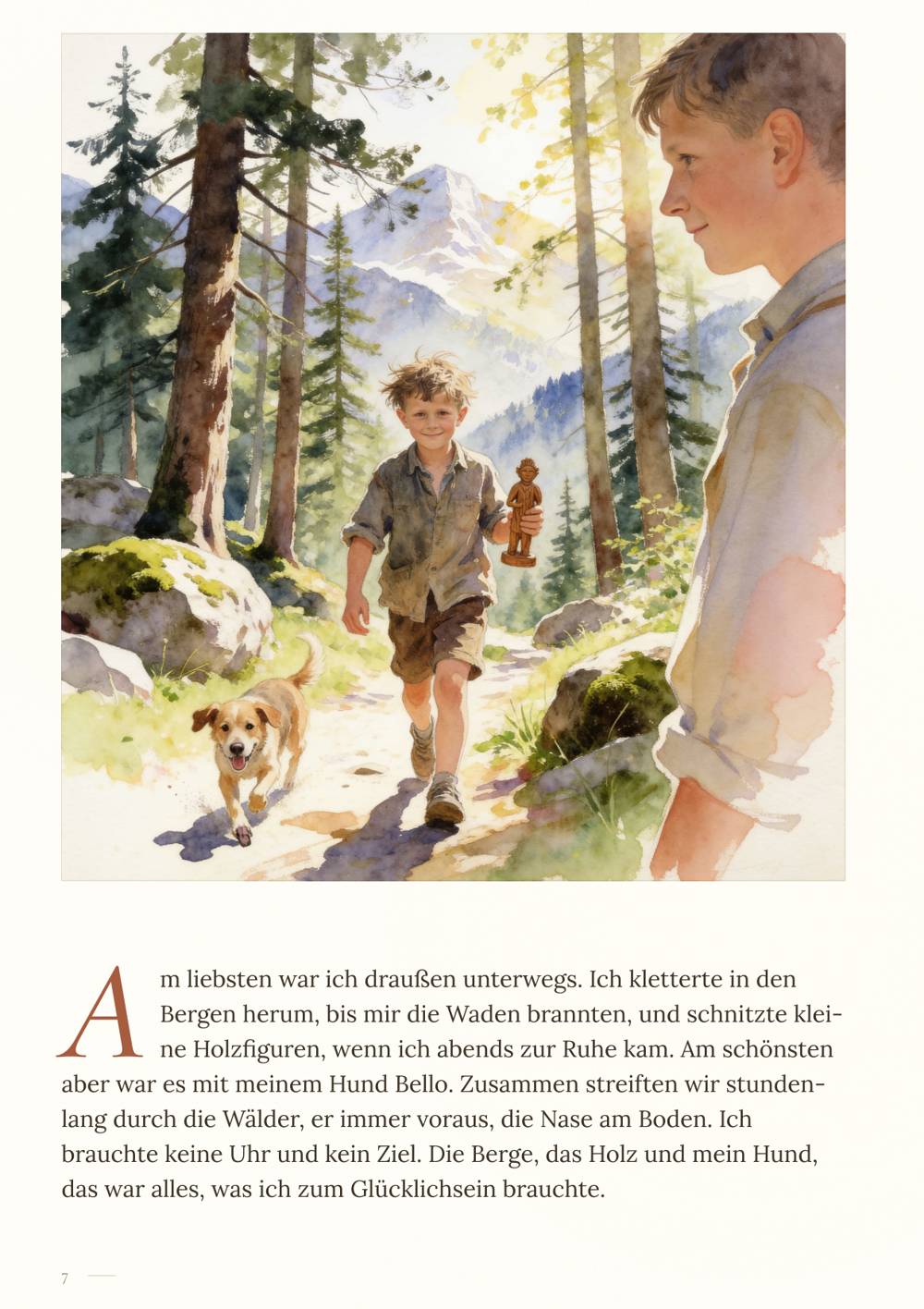 Beispielseite: ein Junge schnitzt eine Holzfigur, mit seinem Hund