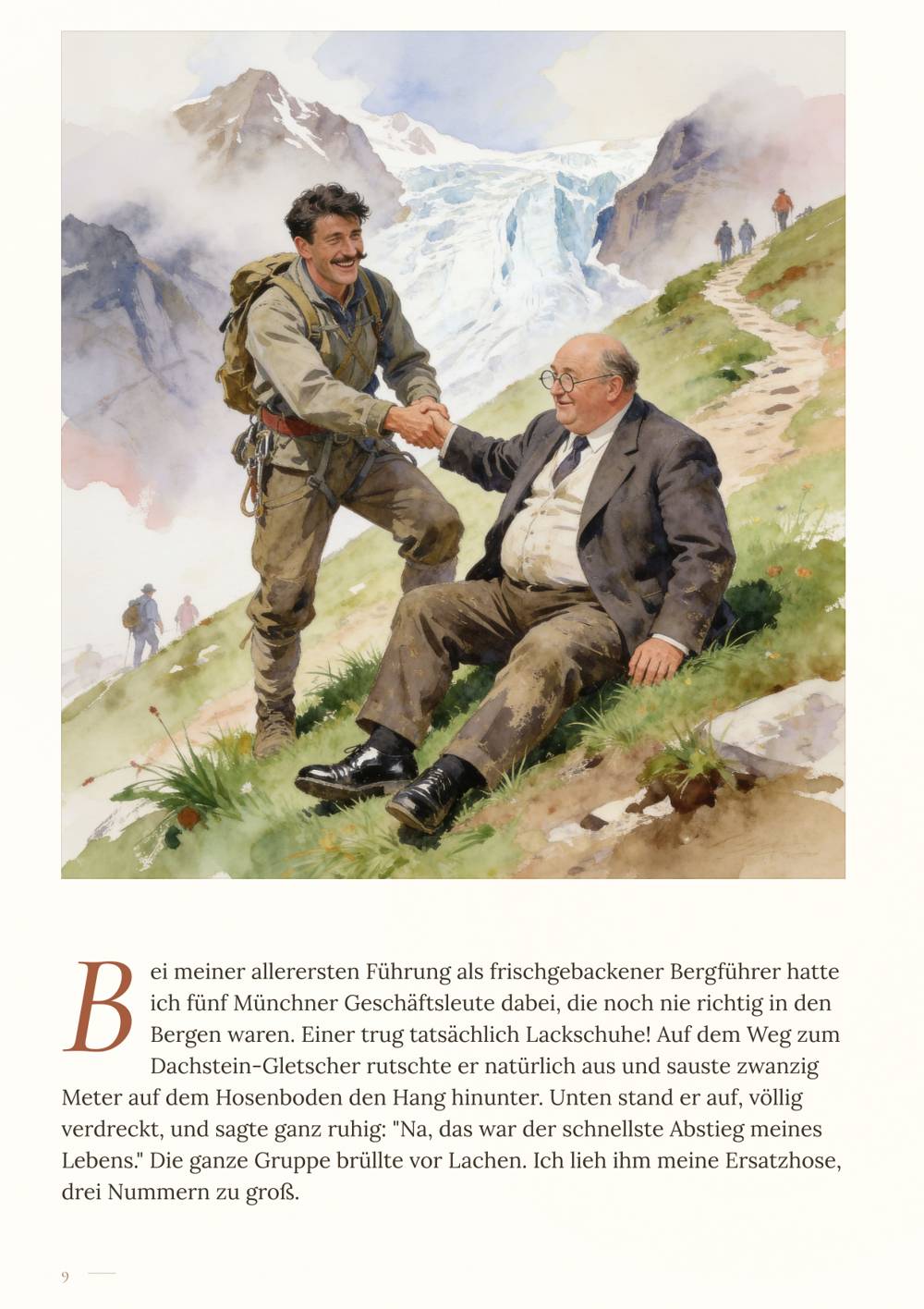 Beispielseite: die erste Bergführung mit einer Gruppe Städter