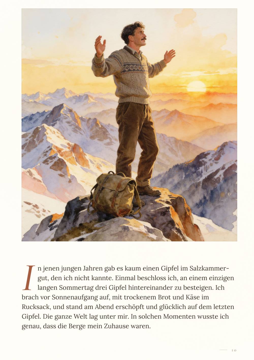 Beispielseite: ein junger Bergführer im Morgenlicht