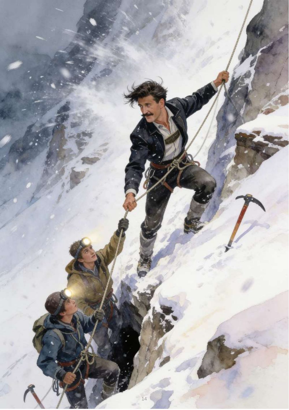 Ganzseitige Illustration: die Rettung im Schneesturm